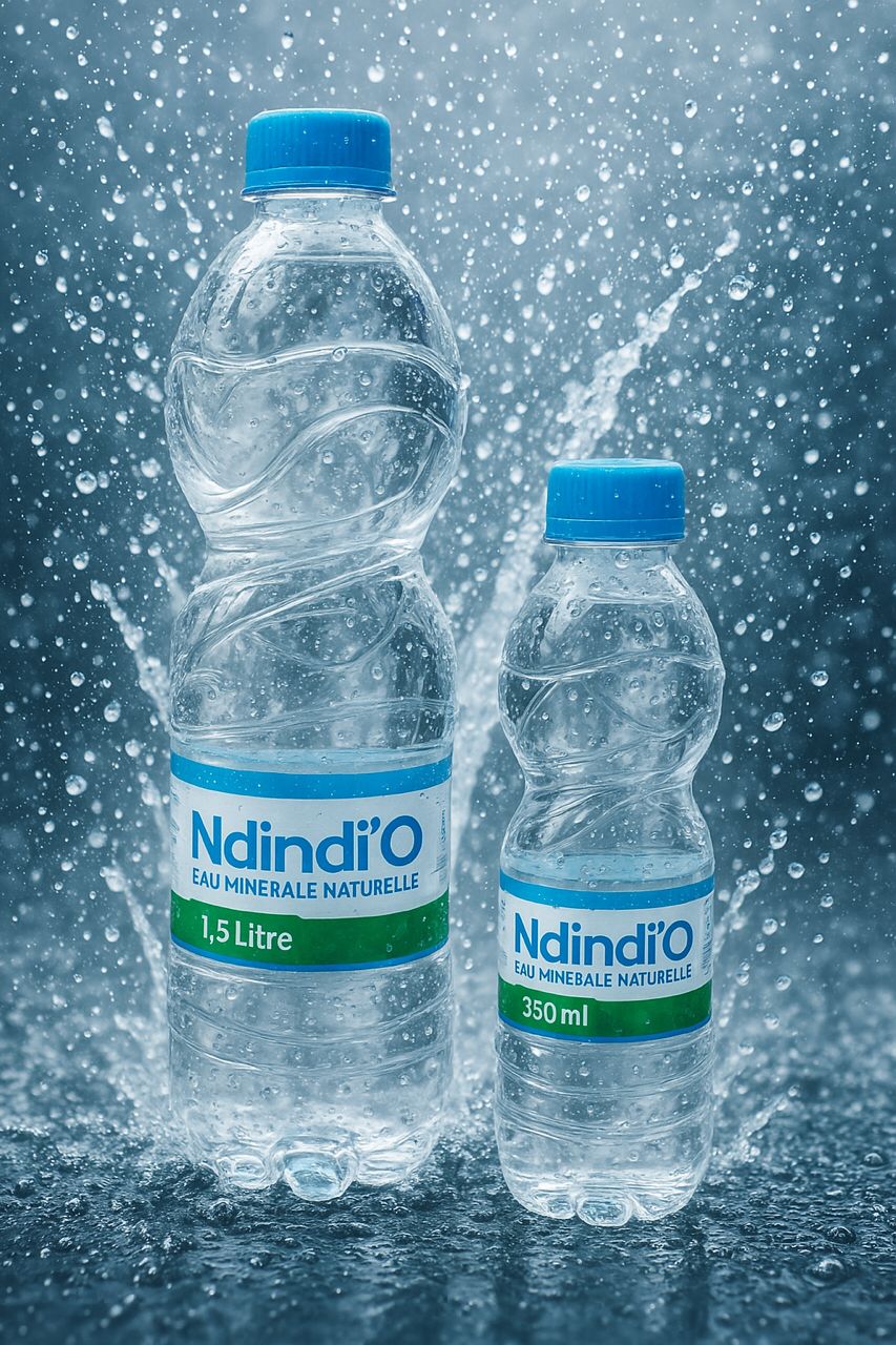 Bouteilles Ndindi'O 1,5 L et 350 ml sous une pluie d'eau pure