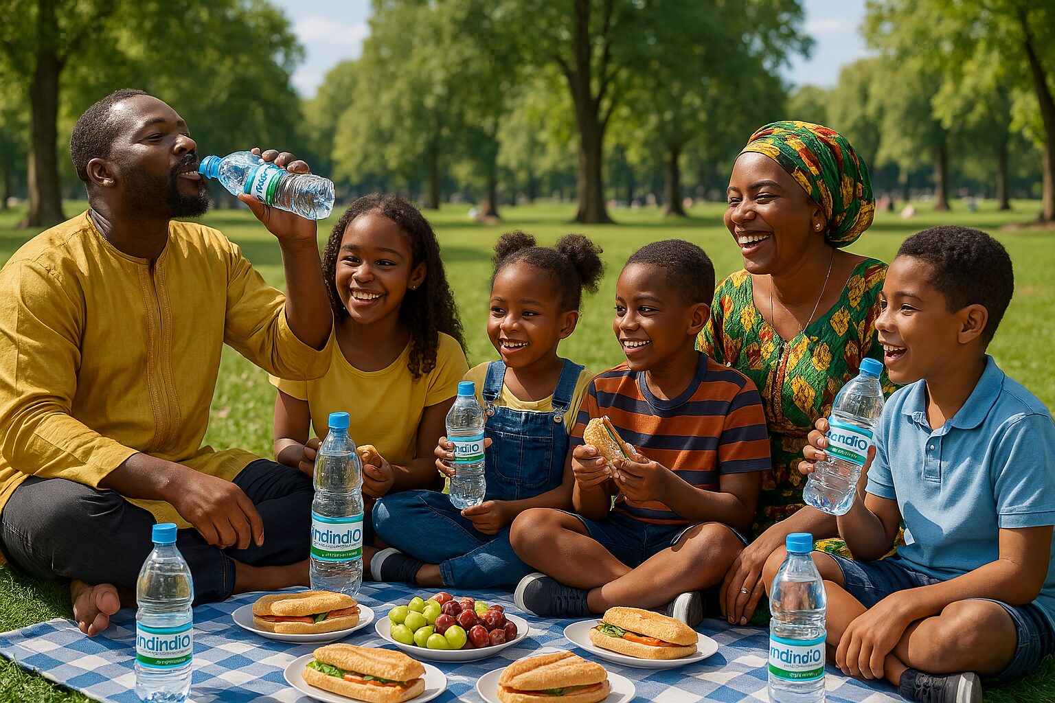 Famille partageant un pique-nique avec des bouteilles Ndindi'O