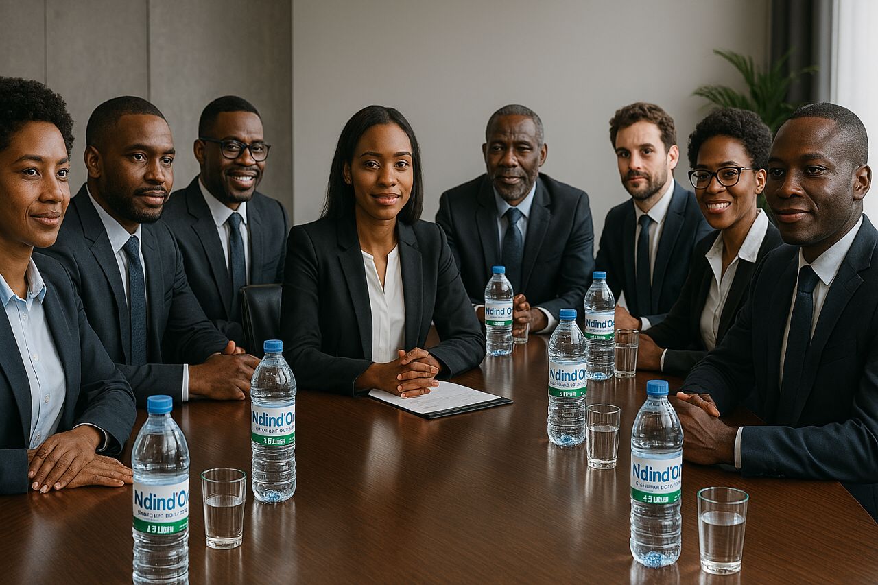Bouteilles Ndindi'O sur une table de réunion